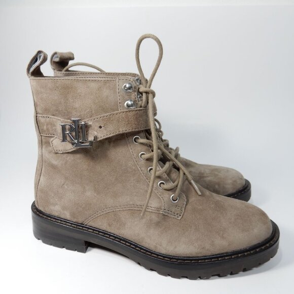 Lauren Ralph Lauren Elridge Lace Up Ankle Boots Size 5 Gray Suede Lug Sole NEW - Picture 3 of 10